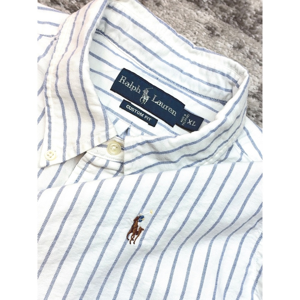 Ralph Lauren Button Down Shirt Mens XL White Blue Striped Custom Fit Long Sleeve